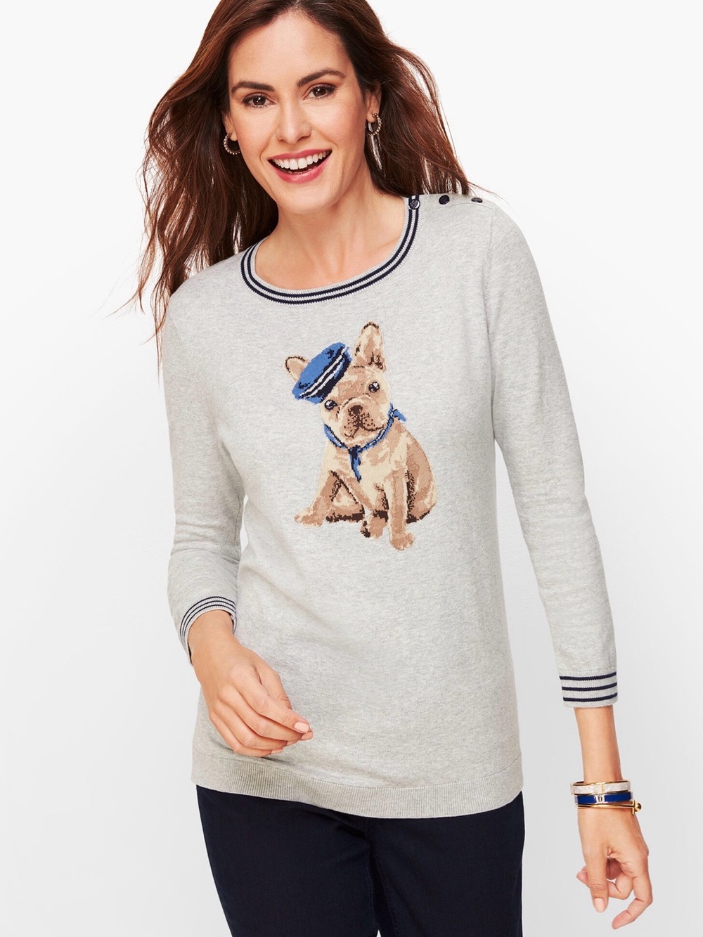 Talbots Plus Size 3X French Bulldog Sweater Gray Knit 3/4 Sleeve Sailor Frenchie